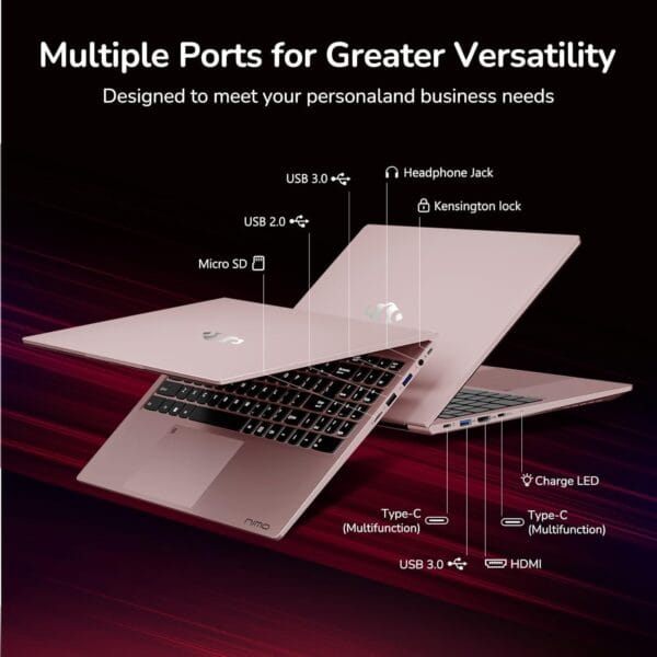 Front view of NIMO 15.6” FHD gaming laptop with AMD Ryzen 7, 32GB RAM, backlit keyboard, and slim bezel design