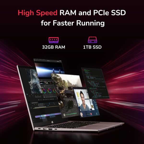 Angled view of NIMO 15.6” Ryzen 7 laptop with ultra-slim body and AMD Radeon 680M GPU