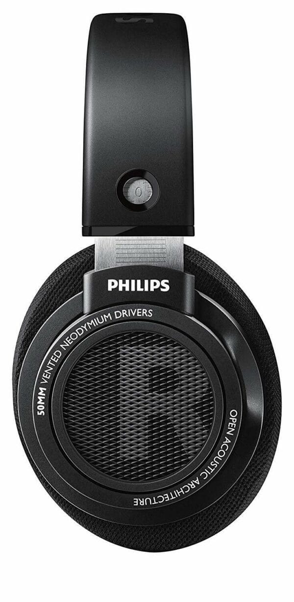 Angled view of Philips SHP9500 highlighting its open-back speaker grill and comfort padding