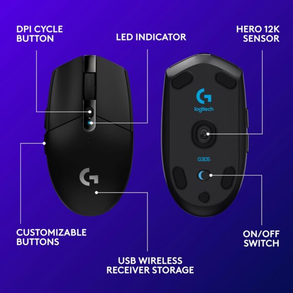 Rear view of Logitech G305 showing smooth back shell and symmetrical design