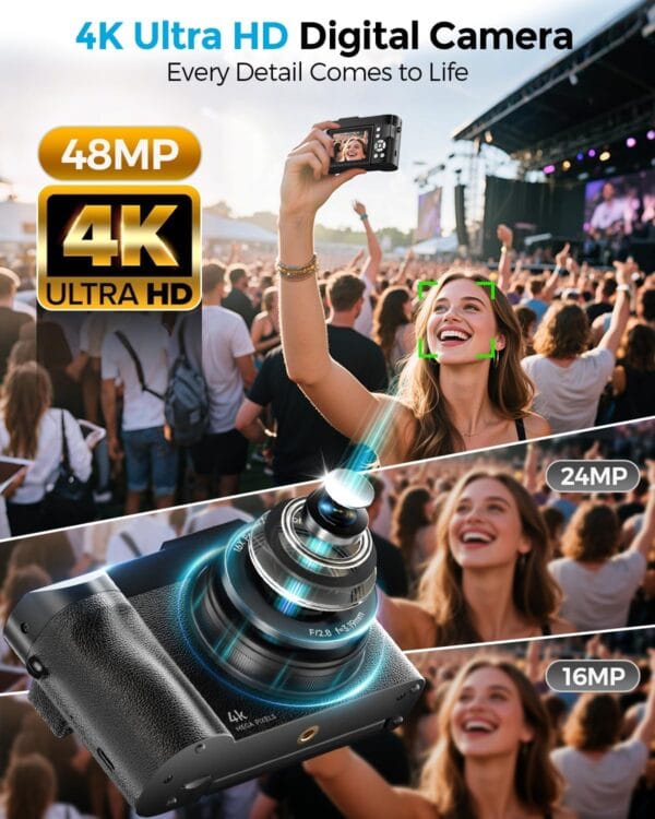 Compact point and shoot 4K camera held in hand for scale