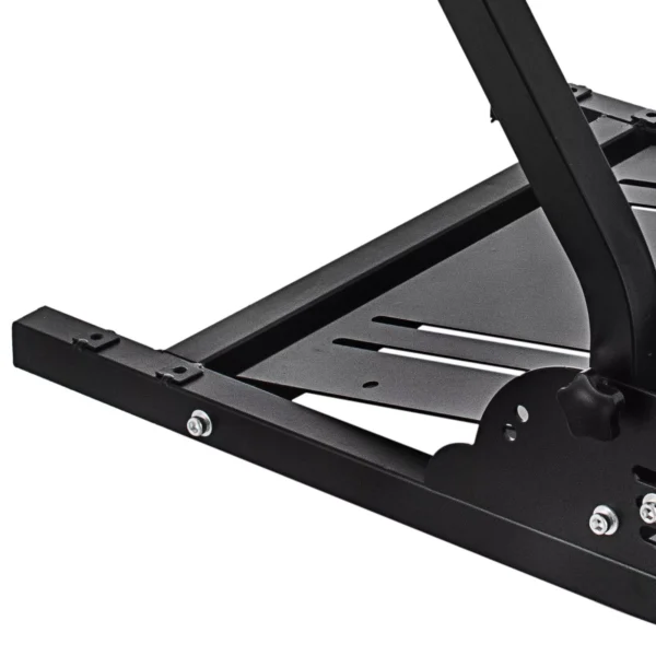 Closeup of adjustable racing cockpit for Logitech and Thrustmaster wheels, showing gear mount