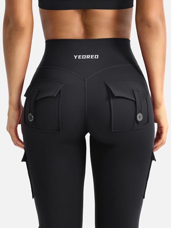 Close-up of waistband and pocket area on scrunch flare leggings