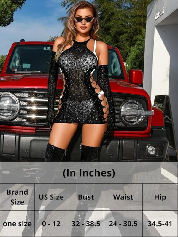 Front view of sexy fishnet bodysuit with leopard cutout design and rhinestone accents