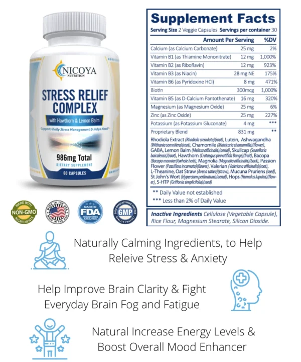 Close-up shot of Stress Relief 986mg herbal capsules for natural mood support