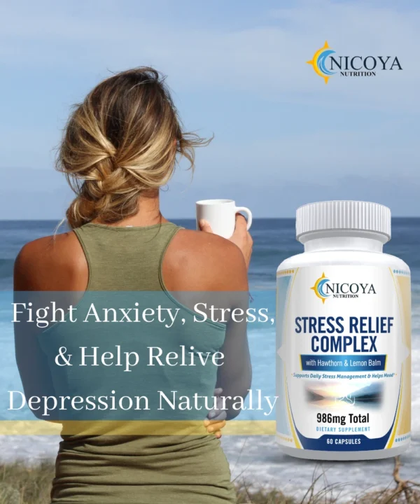 Flat lay display of Stress Relief 986mg 2-pack calming natural supplements