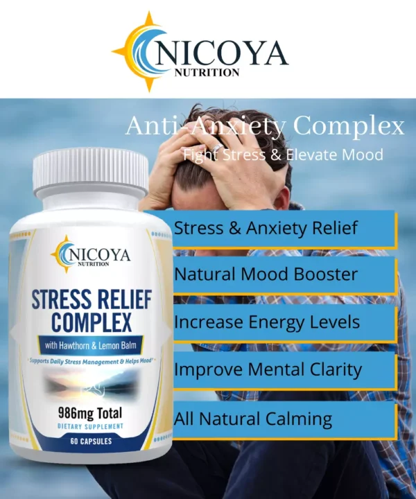 Front view of Stress Relief 986mg 2-pack calming supplements for mood and anxiety