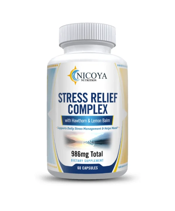 Hand holding bottle of Stress Relief 986mg to show size and portability