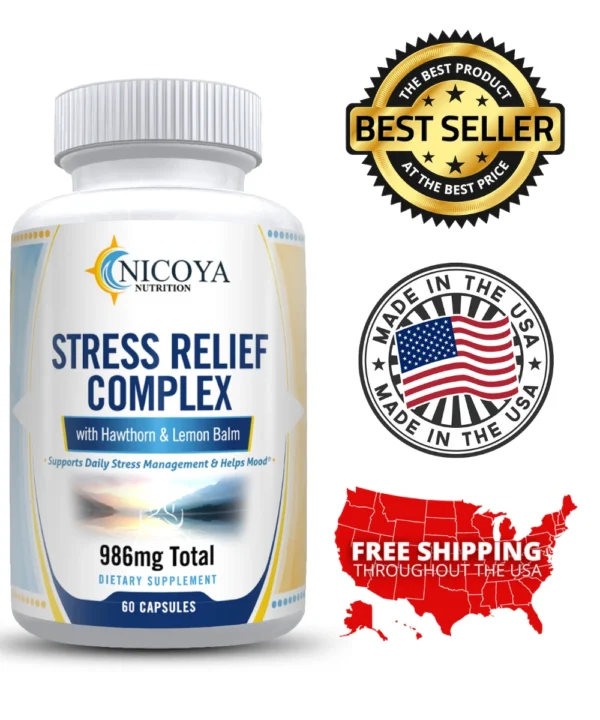 Side view showing Stress Relief 986mg natural calming supplement bottle details