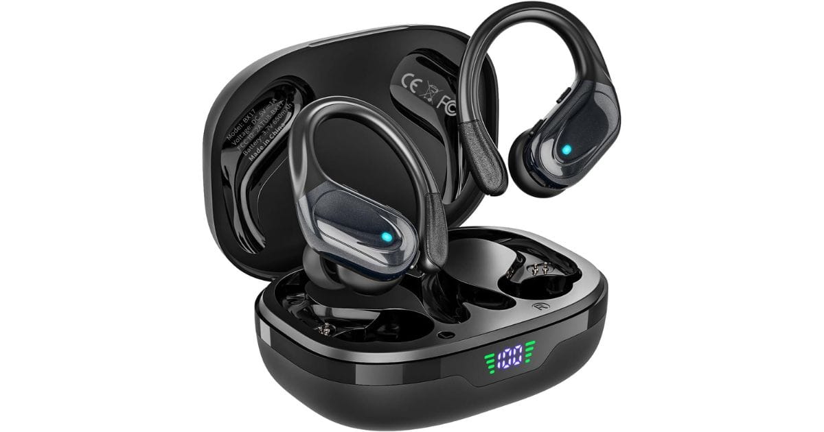 Wireless earbuds with ear hooks resting in an open charging case that shows a battery percentage display