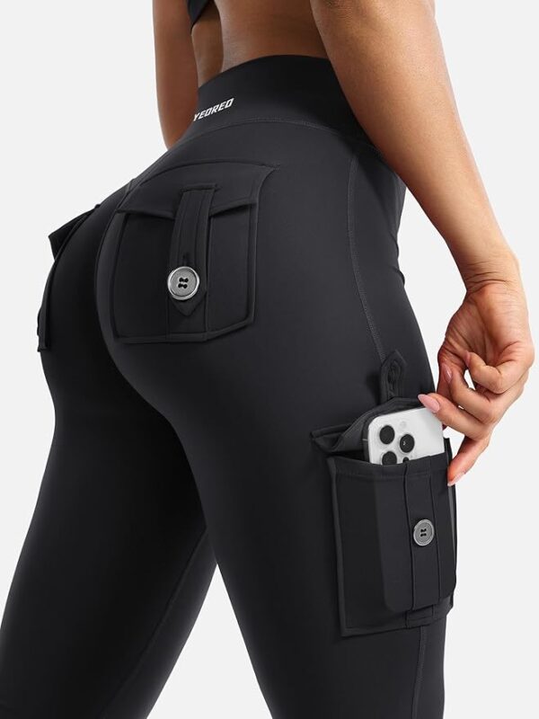 Side pose showing cargo pockets and no front seam on flare leggings