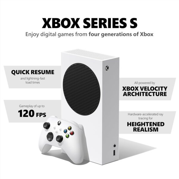 Side angle of Xbox Series S 512GB SSD console with sleek compact design and all-digital experience