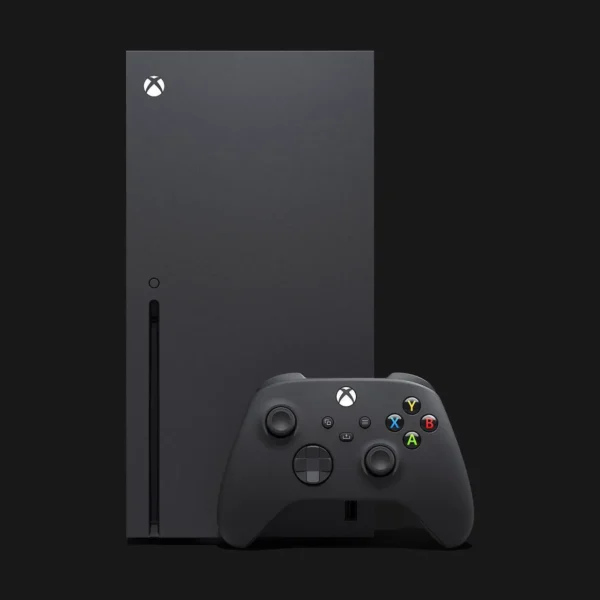 Front-facing view of Xbox Series X console showing sleek black design and disc drive