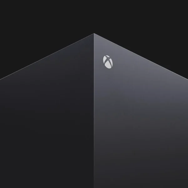 Side view of Xbox Series X with vent panel and vertical layout clearly visible