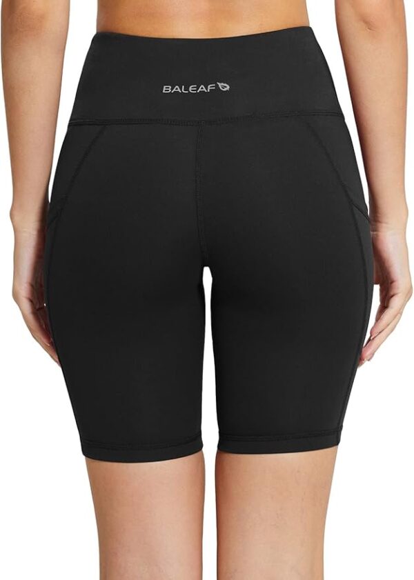 Side profile of Baleaf high-waist biker shorts for women, showing pocket placement and sculpting fit.