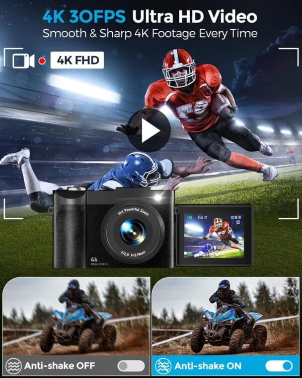 Extended zoom lens on compact 4K autofocus camera for beginners