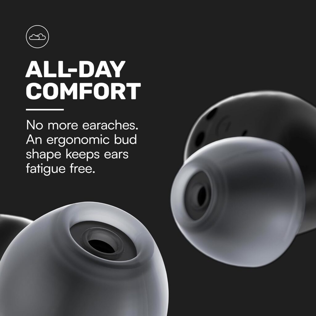 Raycon earbuds with built-in microphone for calls and voice assistants