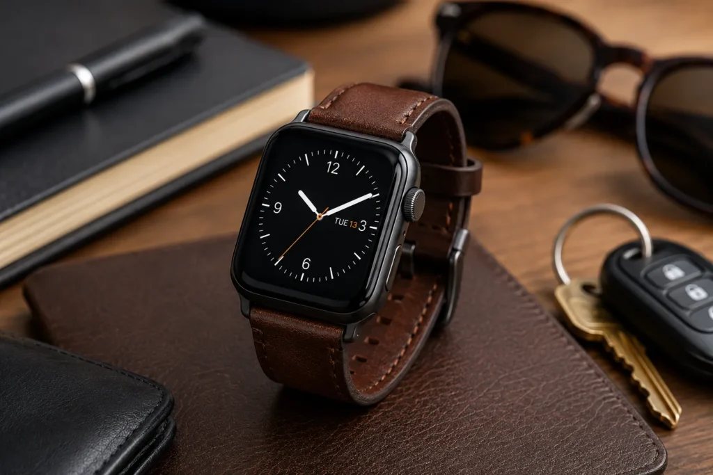Leather Apple Watch band styled for daily wear with a polished smartwatch look