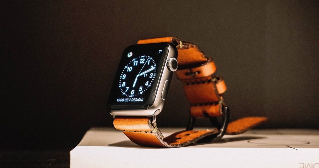 leather apple watch band on display in a minimalist setting