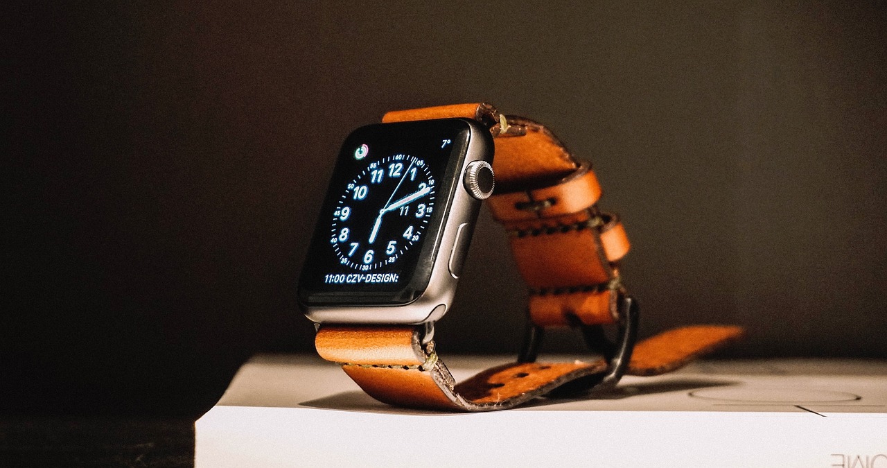 leather apple watch band on display in a minimalist setting