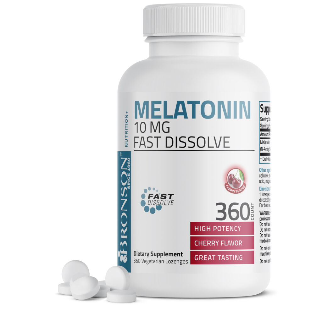 Melatonin supplement bottle for natural sleep support and better rest