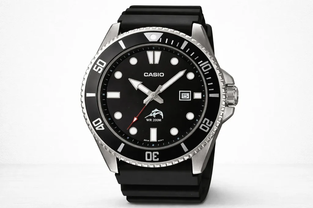 Mens sport watches featuring a durable Casio dive watch with black dial, stainless steel case, and water-resistant design on a clean background