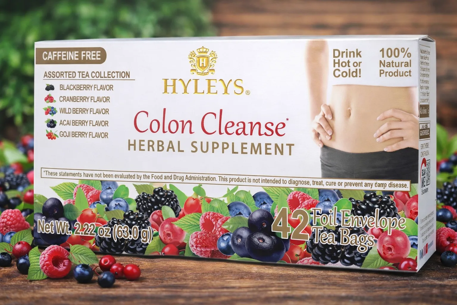 Detox cleansing tea by Hyleys Colon Cleanse herbal supplement with assorted berry flavors