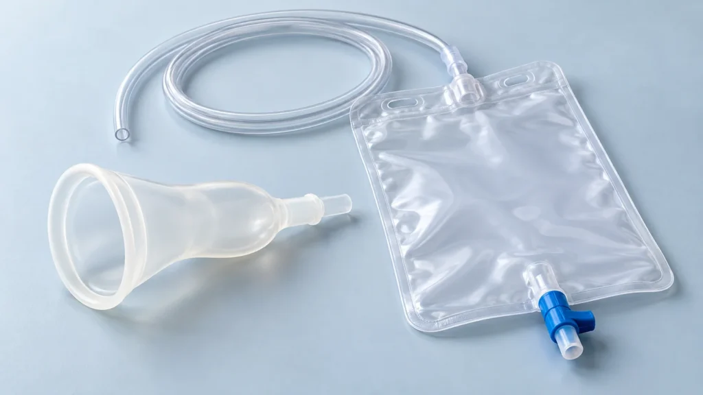 Illustration of an external catheter sheath beside a drainage bag and clear tubing.
