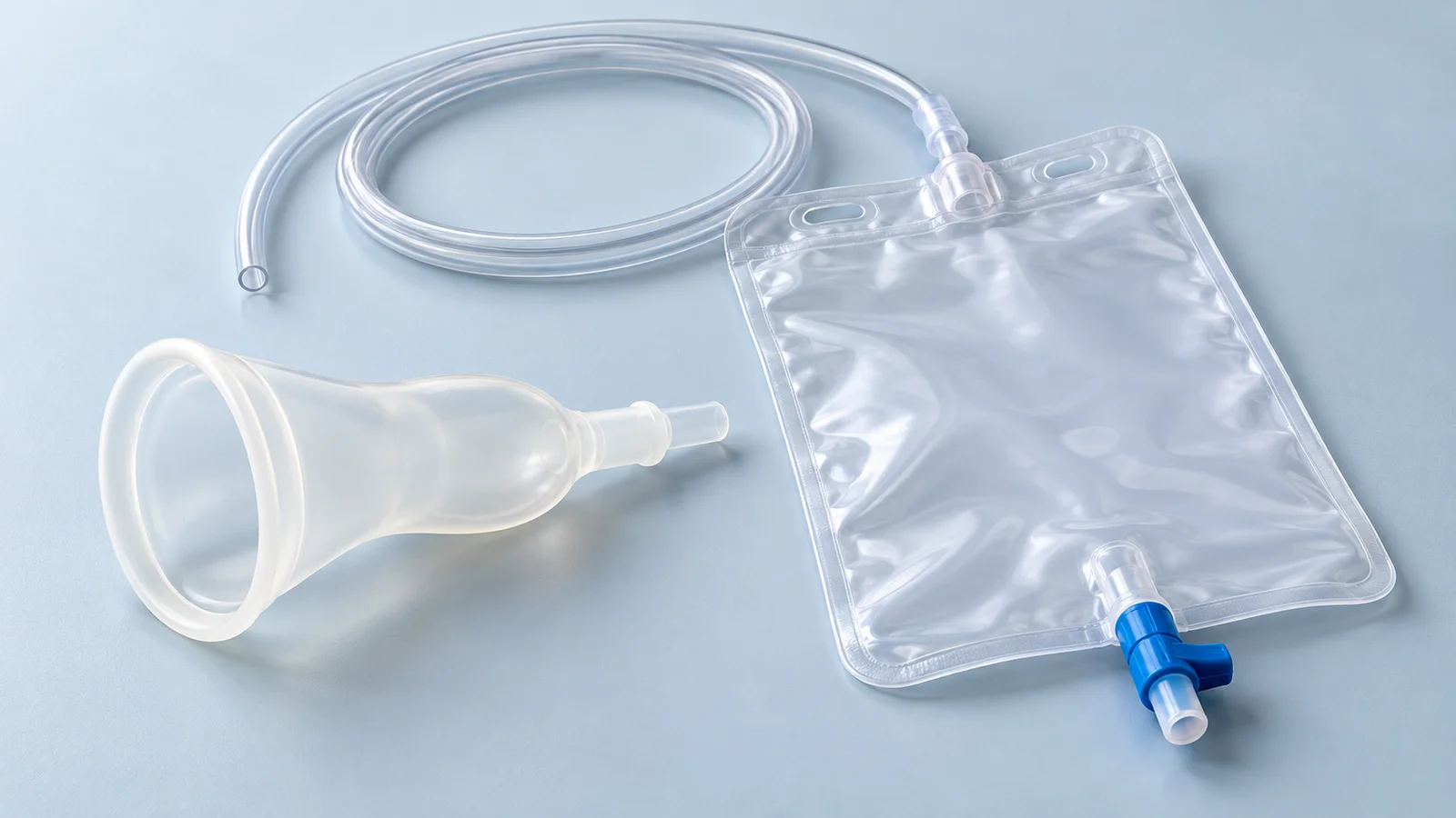 Illustration of an external catheter sheath beside a drainage bag and clear tubing.