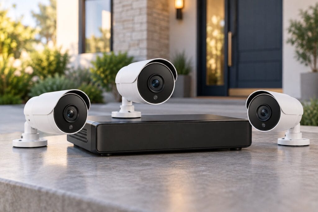 Night Owl security cameras guide illustration showing three security cameras beside a black recorder