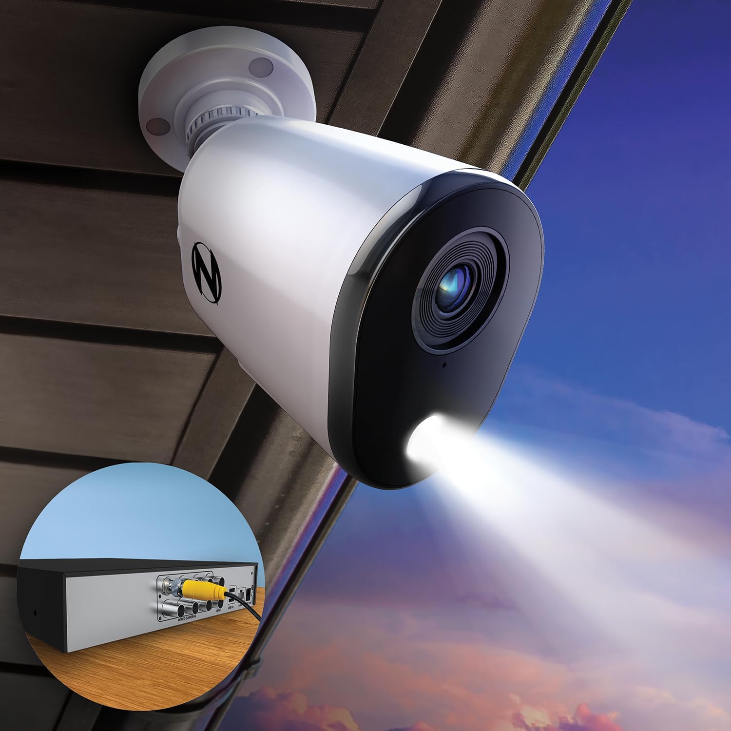 Night Owl security cameras mounted outdoor with spotlight and DVR connection