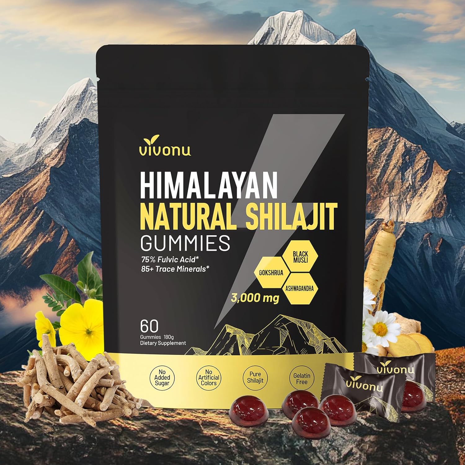 Shilajit Gummies with Ashwagandha and 85+ Trace Minerals for Energy and Vitality