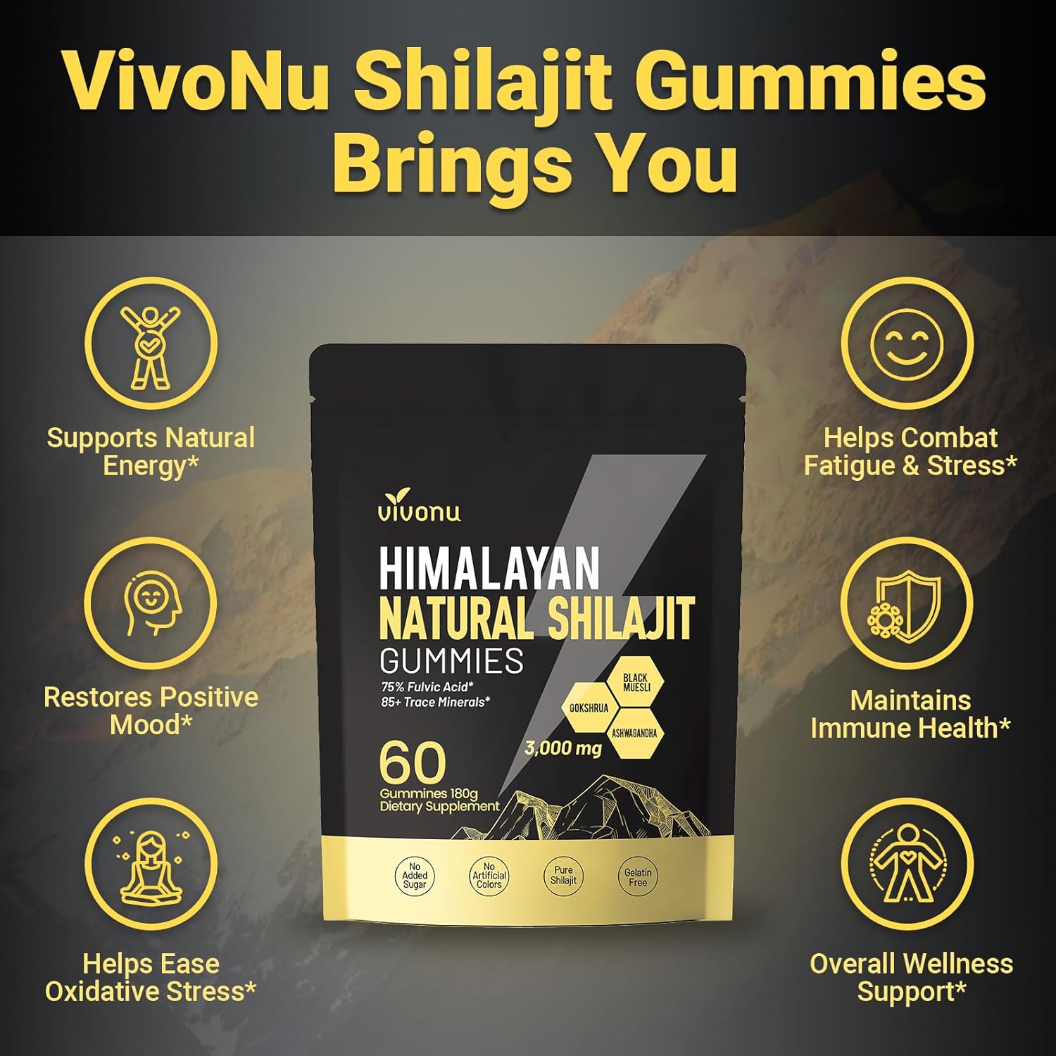 Shilajit Gummies with Ashwagandha and 85+ Trace Minerals for Energy and Vitality