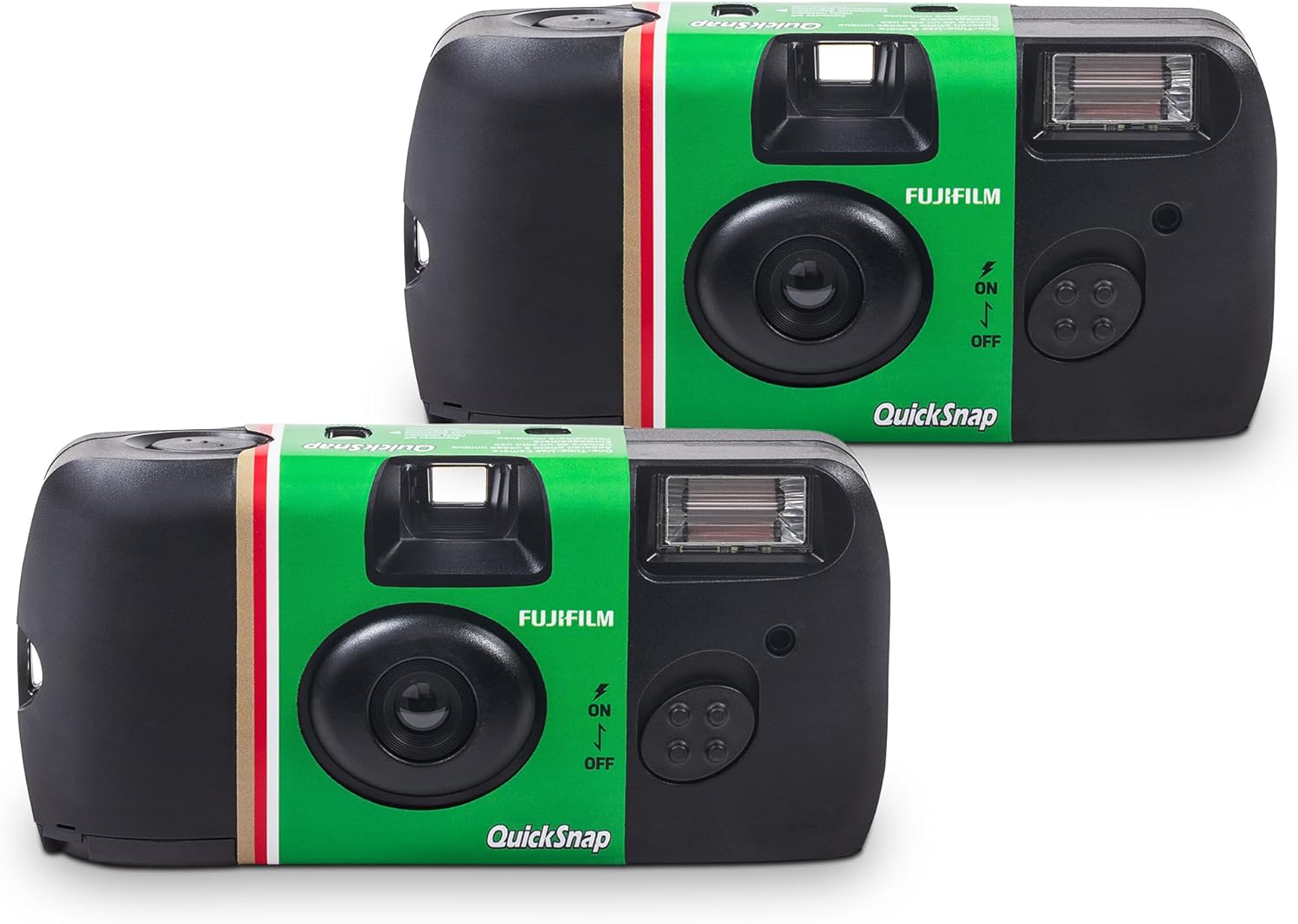 Disposable camera placed on a rustic table beside photo prints and a film roll – classic single-use camera for capturing nostalgic moments
