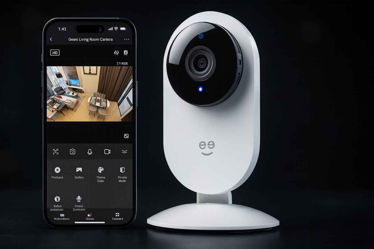 Geeni camera beside smartphone displaying live video feed through the Geeni camera app for smart home monitoring and control.