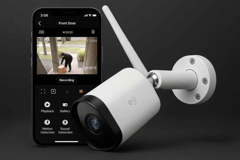 White Geeni outdoor WiFi camera beside smartphone displaying live video feed through Geeni app for home security monitoring.