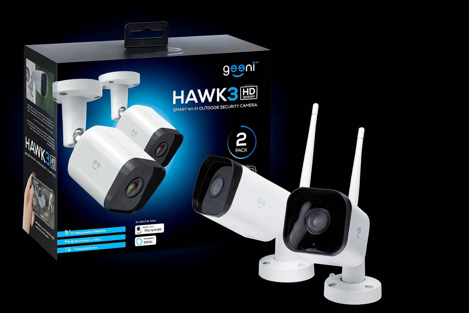 Geeni smart WiFi security camera with HD lens beside smartphone showing live video feed through the Geeni app for home monitoring.