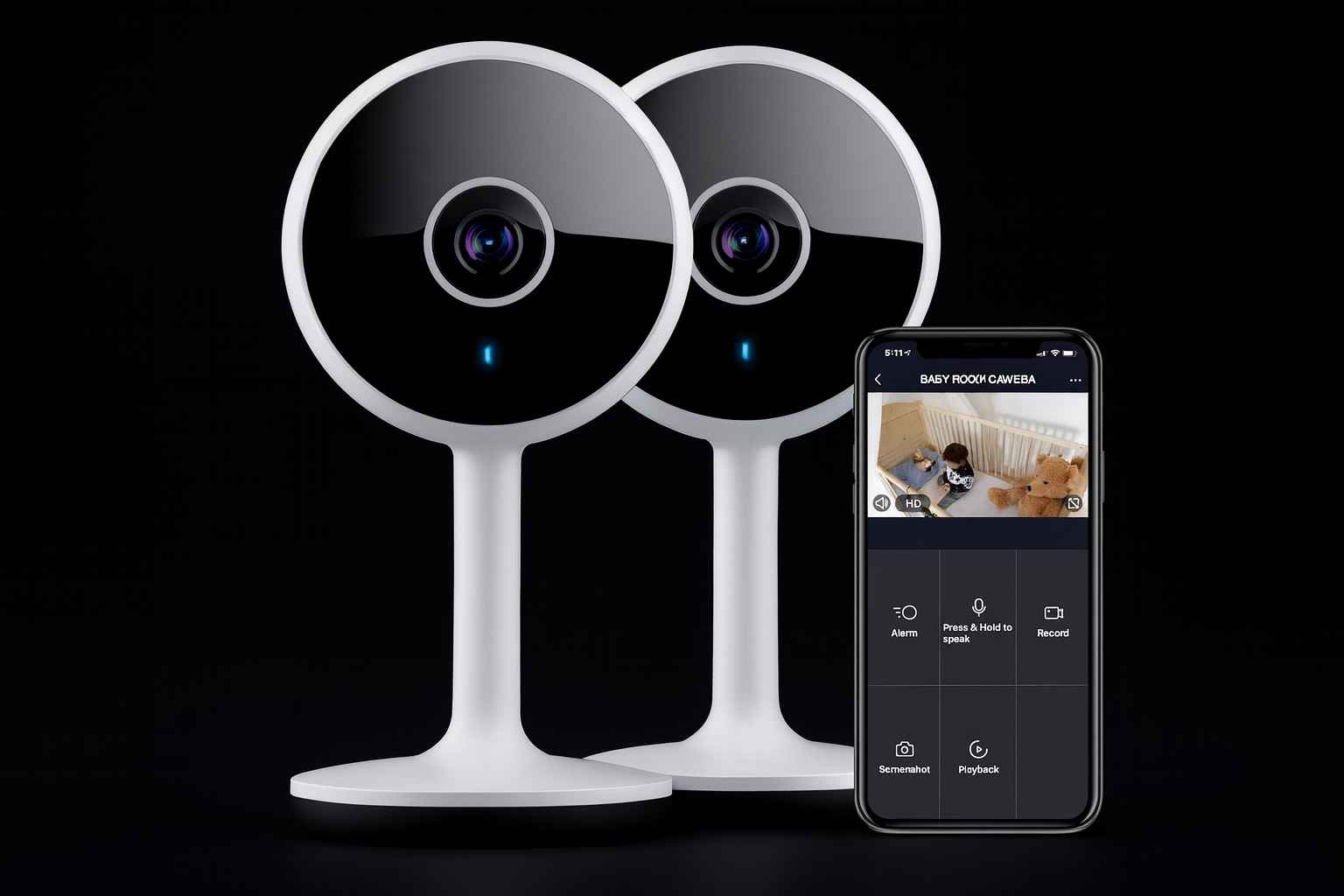 Two Geeni smart home security cameras beside smartphone showing live HD feed for home monitoring and remote control.
