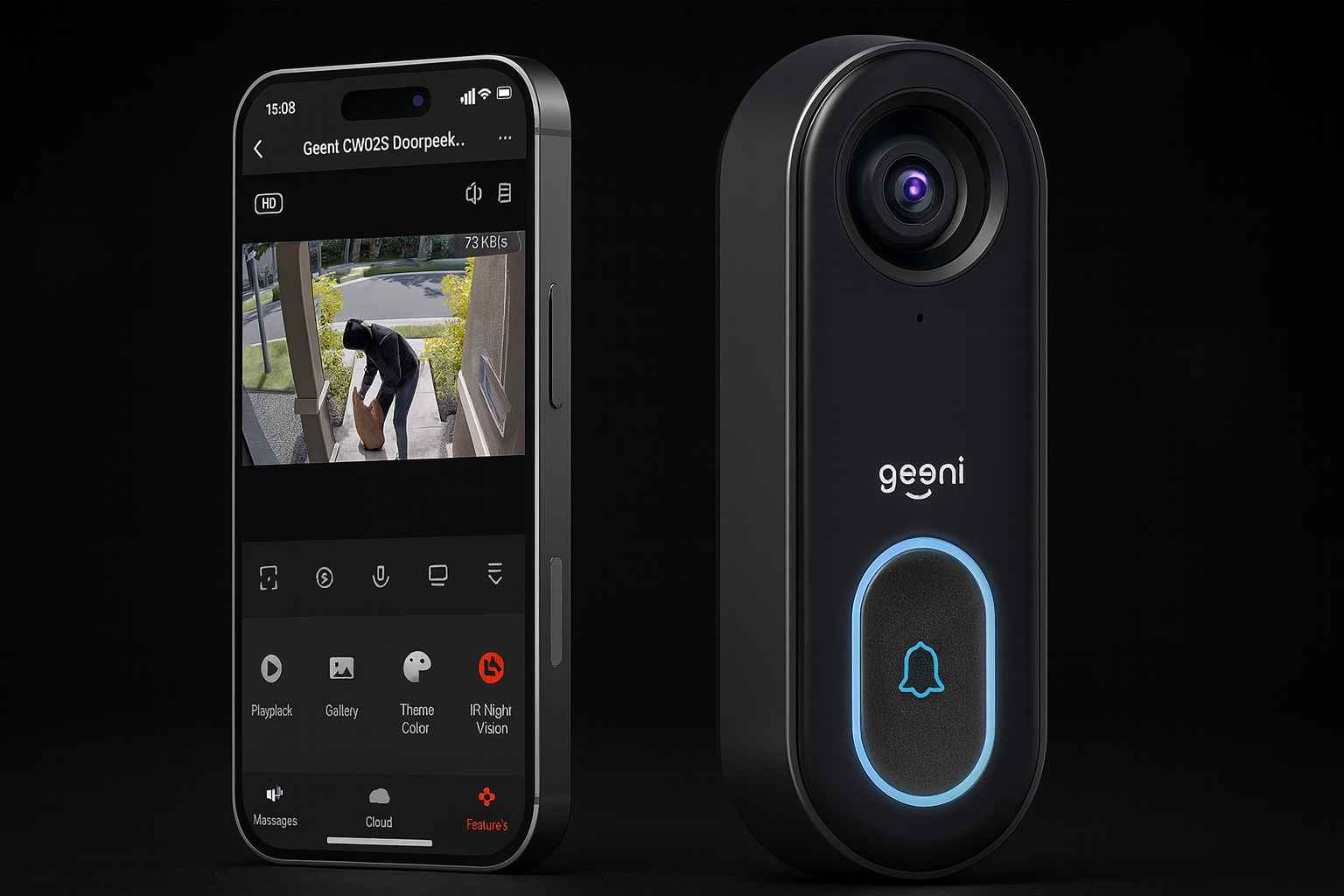 Geeni doorbell camera next to smartphone showing live video feed through the Geeni app, displaying motion detection and HD video monitoring features.