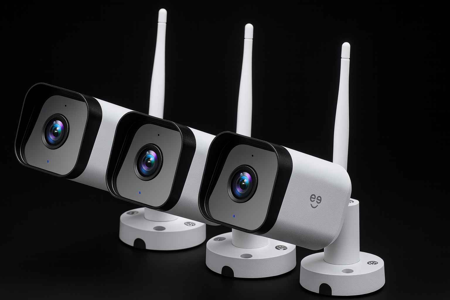 Three Geeni outdoor smart security cameras with antennas arranged in a row against a black background, showcasing weatherproof design and HD lenses.