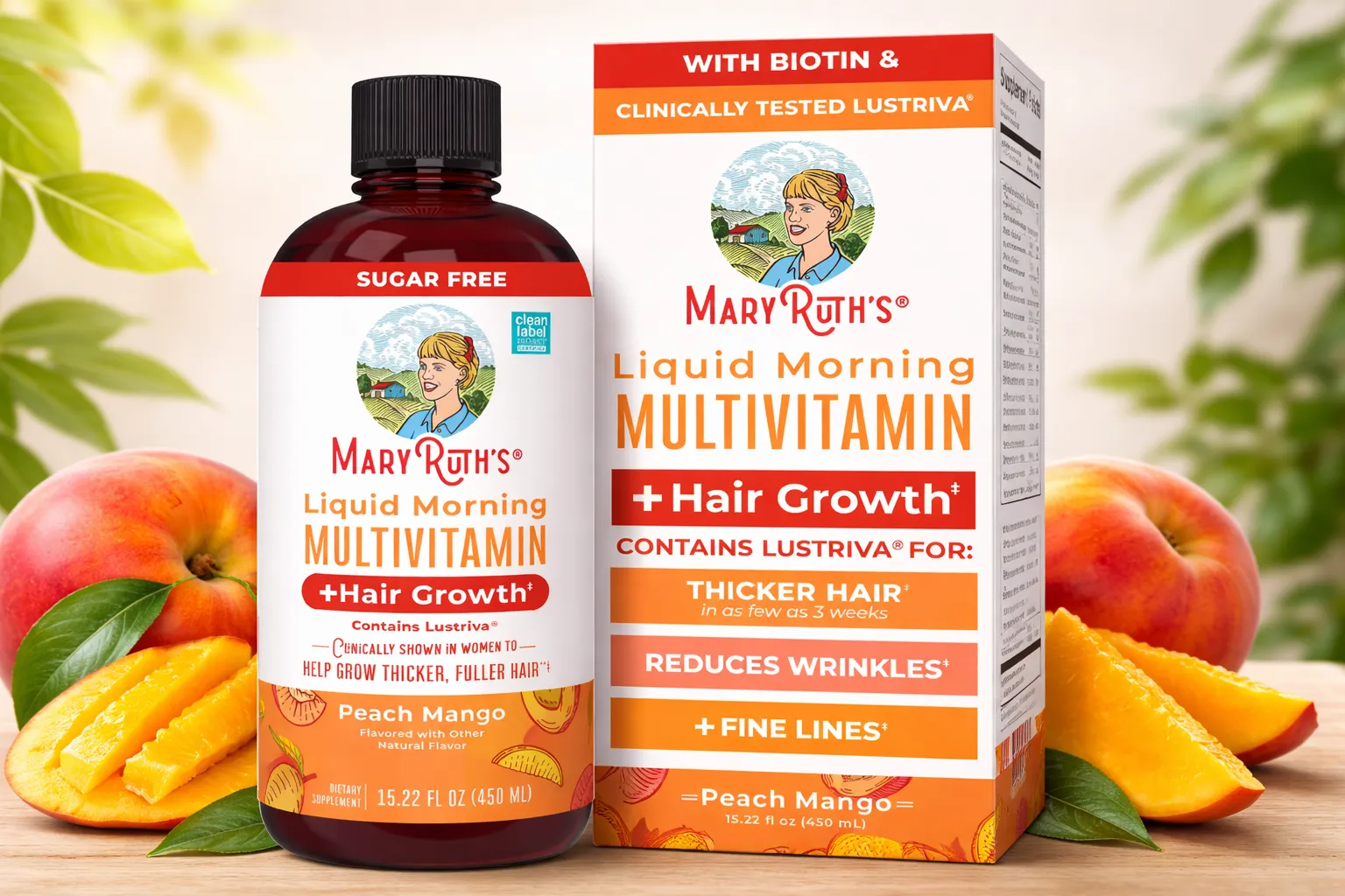 Mary Ruth hair growth liquid morning multivitamin peach mango bottle on clean studio background