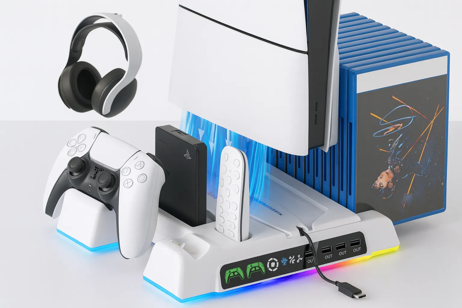 PS5 Pro vertical stand with controllers, cooling fan, and storage dock in a clean editorial layout