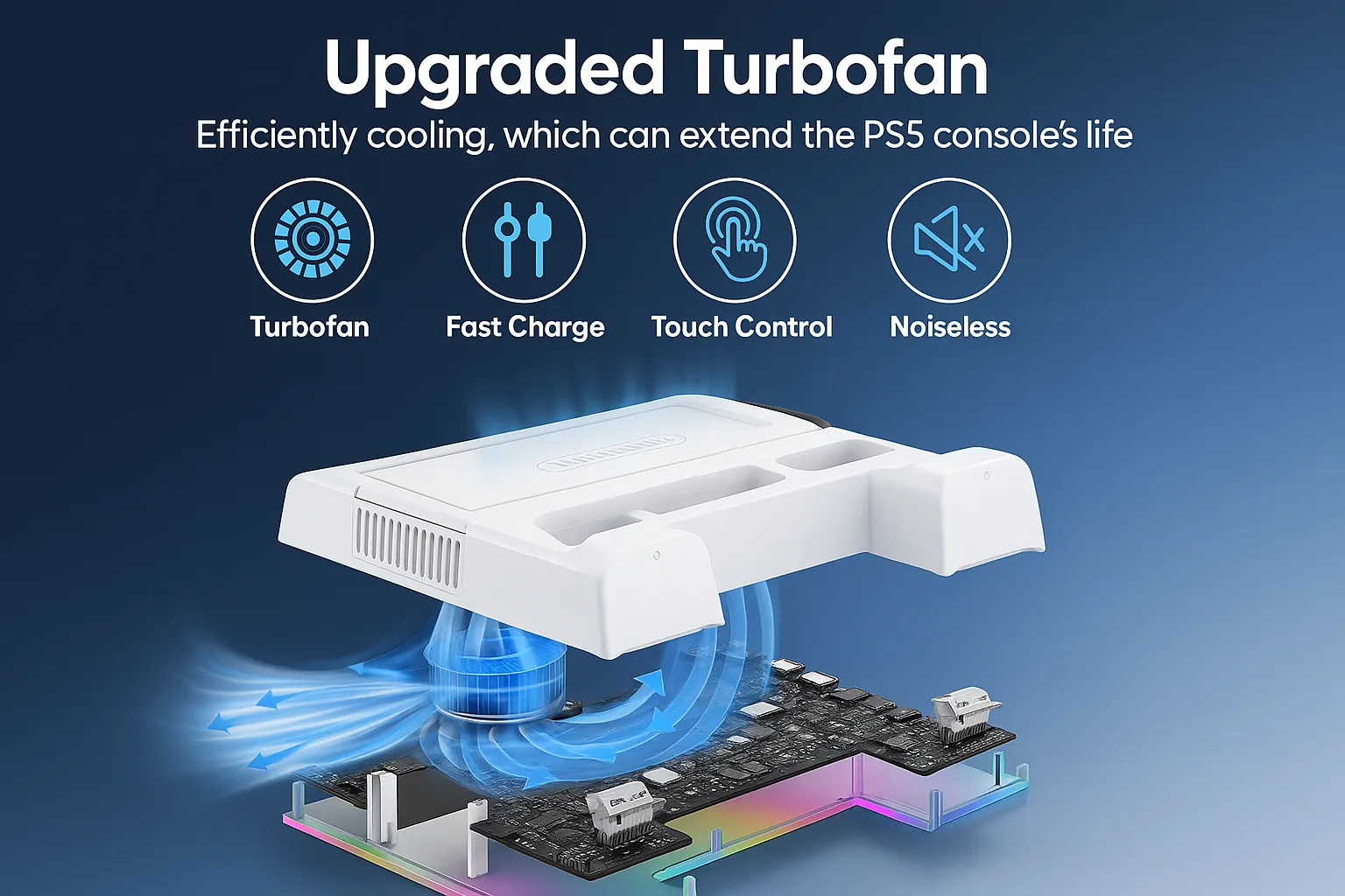 Vertical PS5 stand with cooling system, controller charging docks, and stable support for the PlayStation console