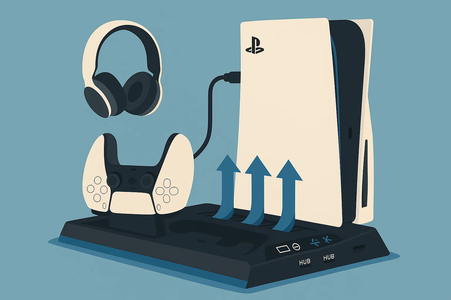 Illustration of a PS5 vertical stand with controller dock, cooling airflow, and gaming headset