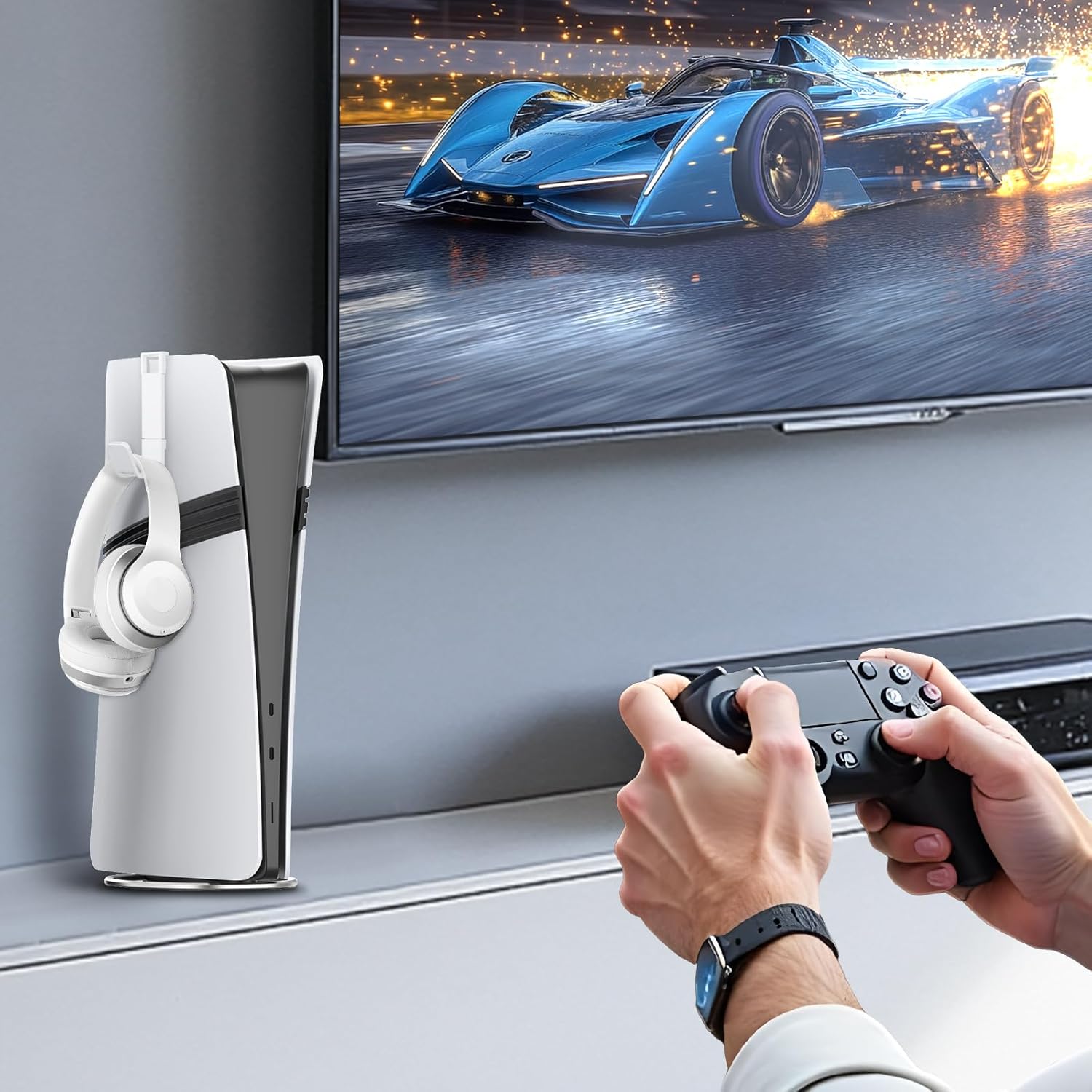 Vertical stand PS5 holding PlayStation 5 console upright beside DualSense controllers in modern gaming setup