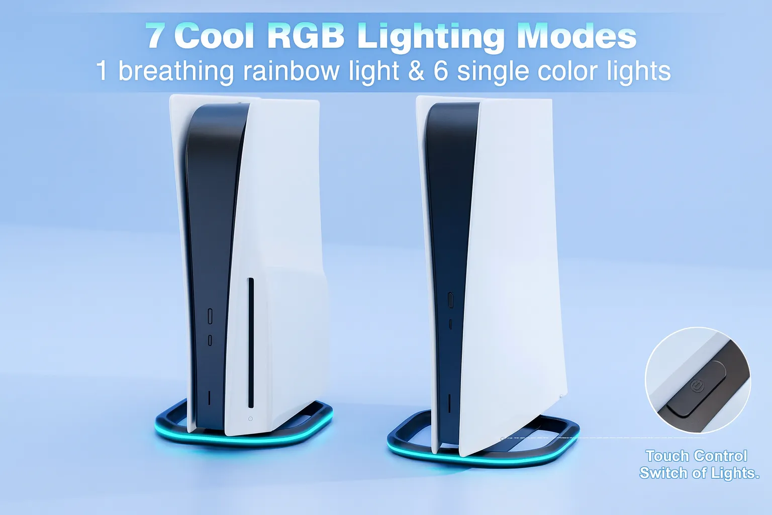 PS5 console on an RGB-lit vertical stand showcasing multiple lighting modes