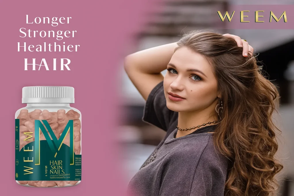 Weem Hair Vitamins bottle and model with long healthy hair promoting stronger, thicker hair growth