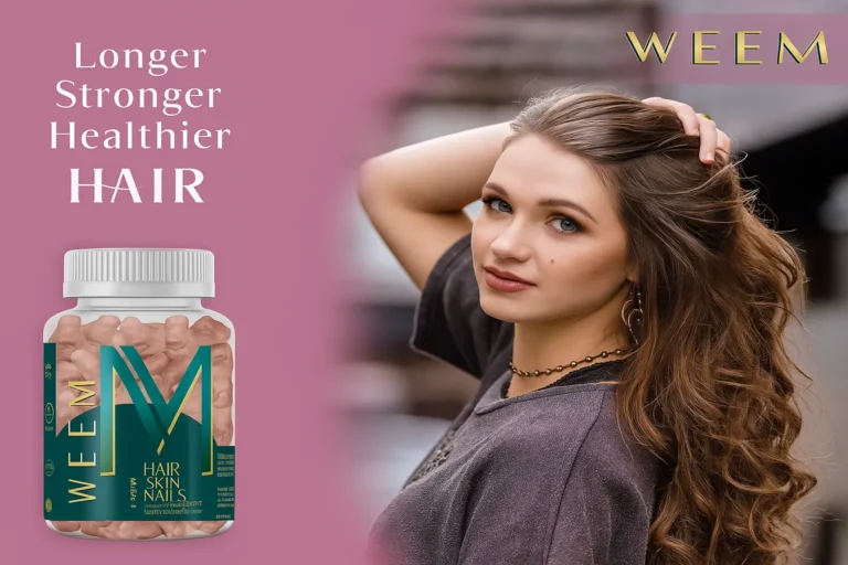 Weem Hair Vitamins bottle and model with long healthy hair promoting stronger, thicker hair growth
