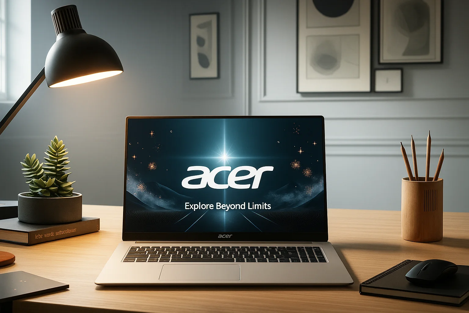 Acer Aspire 3 laptop on wooden desk in a modern home office with lamp and decor