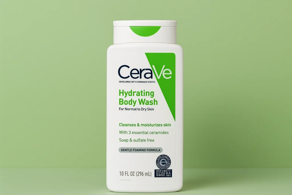 CeraVe Hydrating Body Wash bottle on a clean green background showing 10oz packaging with ceramides and hyaluronic acid